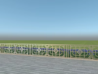 Building Exterior Wall With Decorative Metal Railing Blue Flowers Green Grassland And Blue Sky 3d model