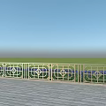 Building Exterior Wall With Decorative Metal Railing Blue Flowers Green Grassland And Blue Sky