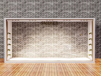 Modern Window Display with Brick Wall Background Wooden Floor and Side Display Shelves 3d model