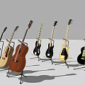 Various Musical Instruments Including Guitars And Bass On Stands With Different Colors