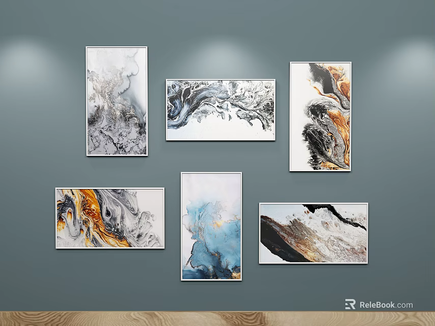 Multiple Abstract Paintings Hanging On Gray Wall With Fluid Marble Texture And Colorful Patterns 3d model 