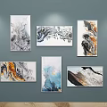 Multiple Abstract Paintings Hanging On Gray Wall With Fluid Marble Texture And Colorful Patterns 3d model