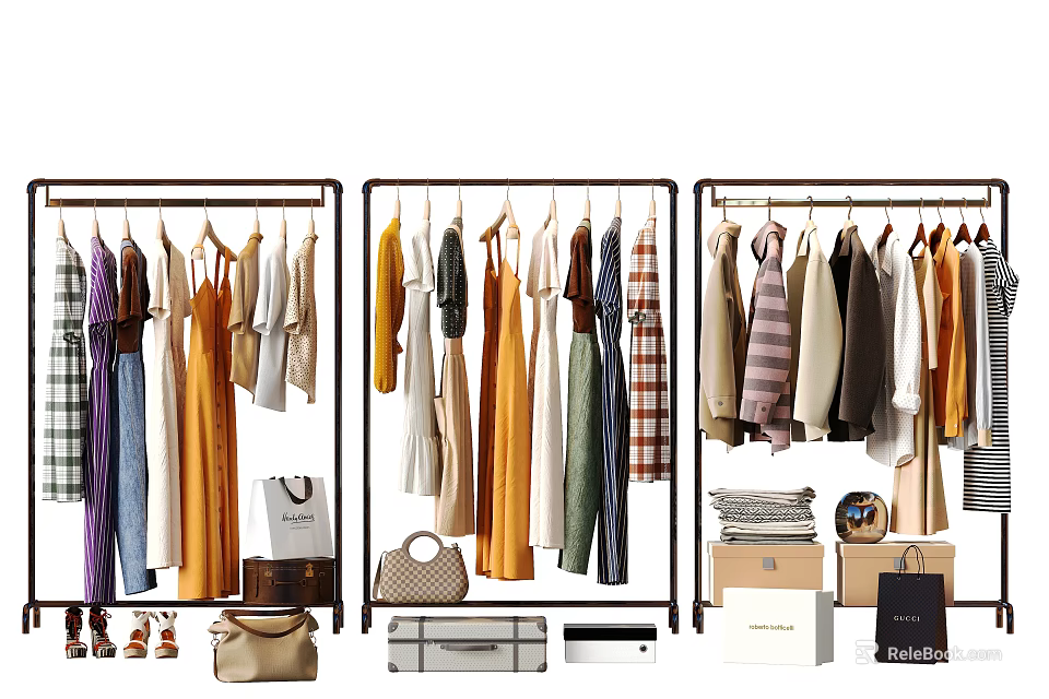 Fashionable Clothes Displayed on Racks with Bags Shoes and Luggage 3d model 