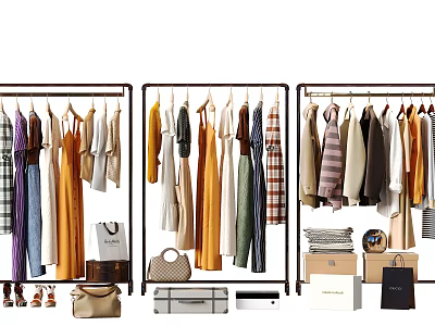 Fashionable Clothes Displayed on Racks with Bags Shoes and Luggage 3d model
