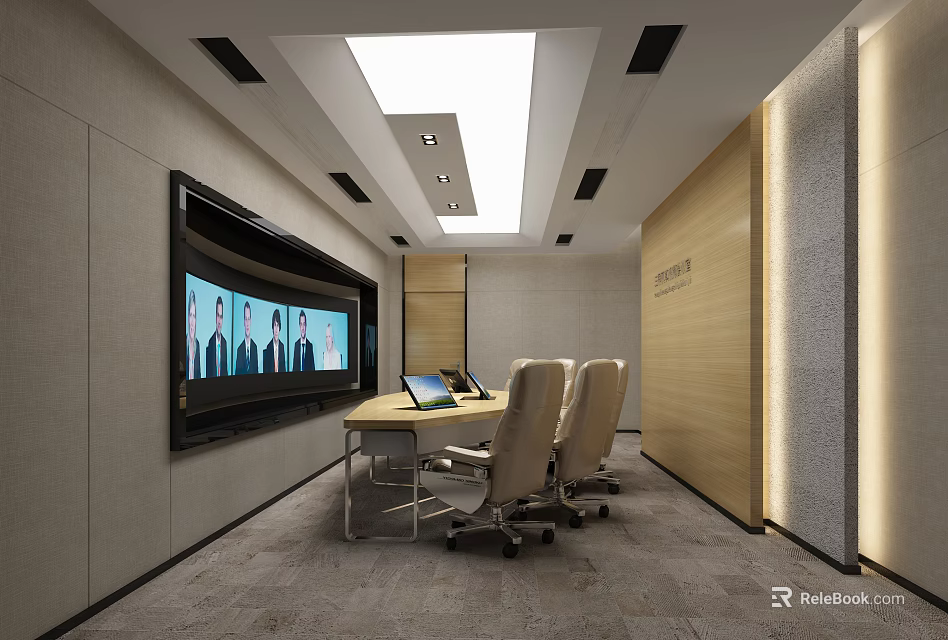 Modern Conference Room Interior With Large Screen Laptop Beige Chairs And Wooden Walls 3d model 