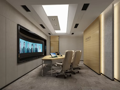 Modern Conference Room Interior With Large Screen Laptop Beige Chairs And Wooden Walls 3d model