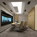 Modern Conference Room Interior With Large Screen Laptop Beige Chairs And Wooden Walls