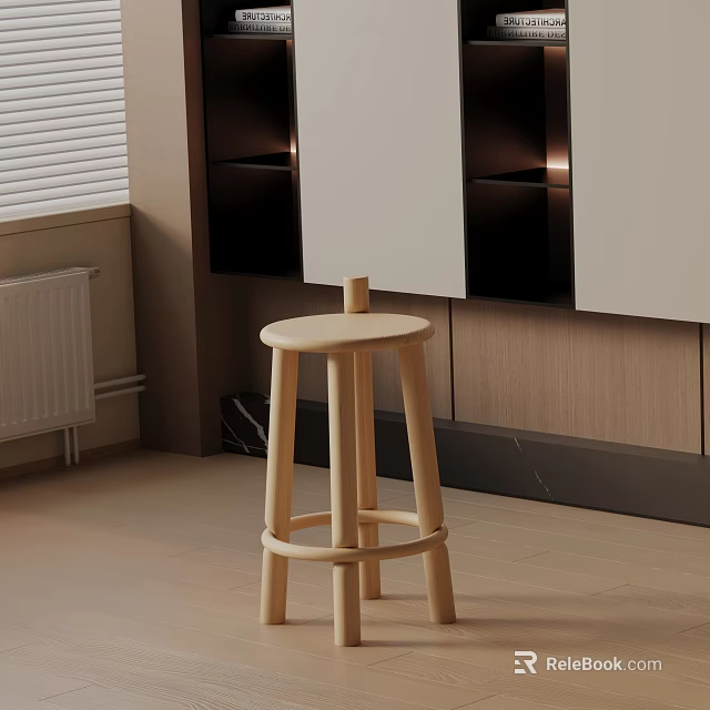 Light Wooden Bar Stool In Modern Kitchen With Simple Counter And Wall Cabinets 3d model 