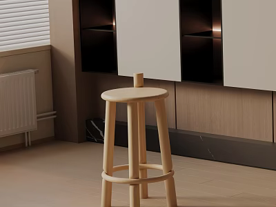 Light Wooden Bar Stool In Modern Kitchen With Simple Counter And Wall Cabinets 3d model