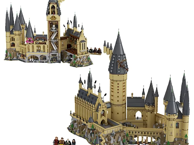 Hogwarts Style Building Blocks Castle With Towers Spires And Mini Figures 3d model