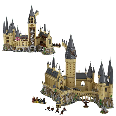 Hogwarts Style Building Blocks Castle With Towers Spires And Mini Figures 3d model