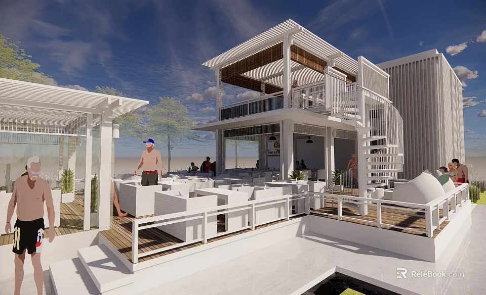 Modern Outdoor Leisure Area With White Building Structure Spiral Staircase White Furniture And Green Plants 3d model 