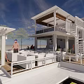 Modern Outdoor Leisure Area With White Building Structure Spiral Staircase White Furniture And Green Plants