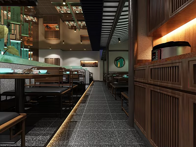 Chinese Restaurant With Wooden Decor Long Strip Layout Dining Tables Lighting And Counter 3d model