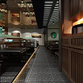Chinese Restaurant With Wooden Decor Long Strip Layout Dining Tables Lighting And Counter