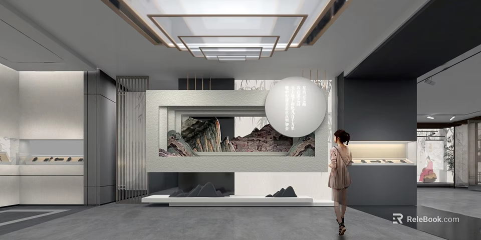 Modern Exhibition Hall Interior With Mural Art Female Visitor And Decorative Stones 3d model 