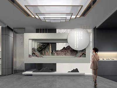 Modern Exhibition Hall Interior With Mural Art Female Visitor And Decorative Stones 3d model