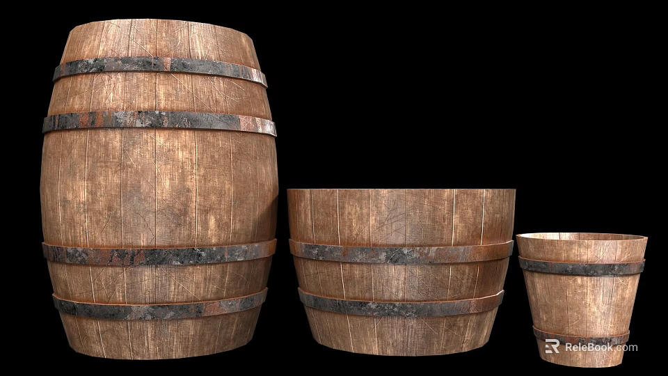 Wooden Barrels With Metal Bands For Decorative Household Storage In Various Sizes 3d model 