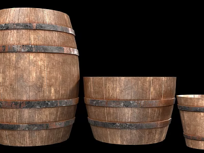 Wooden Barrels With Metal Bands For Decorative Household Storage In Various Sizes 3d model
