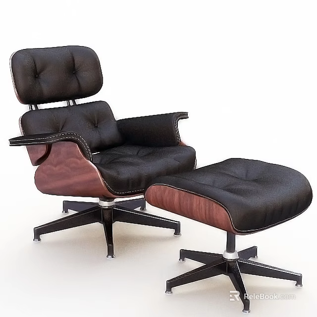 Black Leather Padded Single Sofa with Wooden Arms and Matching Ottoman Modern Style Metal Base 3d model 