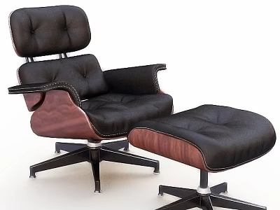 Black Leather Padded Single Sofa with Wooden Arms and Matching Ottoman Modern Style Metal Base 3d model