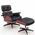 Black Leather Padded Single Sofa with Wooden Arms and Matching Ottoman Modern Style Metal Base