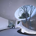 Garden Landscape In Modern Architectural Interior With Circular Skylight Trees And Curved Staircase