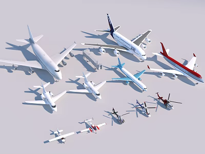 Collection Of Multiple Passenger Airplane Models In Different Colors And Various Types 3d model