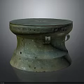 Ancient Bronze Drum Equipment With Circular Top Metal Side Rings Rustic Greenish Surface