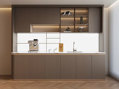 Modern Wooden Sideboard With Glass Doors Open Shelves Built in Lighting And Decorative Items 3d model