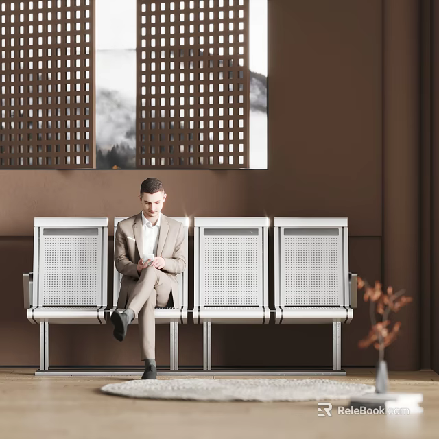 Public Chair With Metal Grid Design In Indoor Lobby With Man Sitting 3d model 