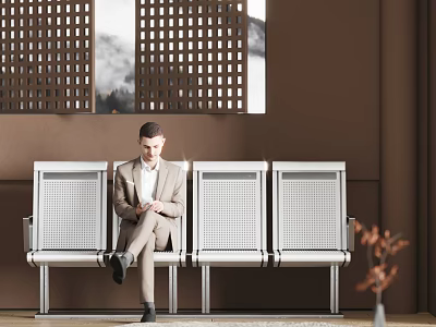 Public Chair With Metal Grid Design In Indoor Lobby With Man Sitting 3d model