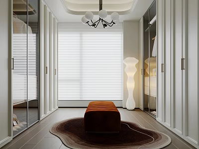 Elegant Modern Walk-in Closet Design Featuring Glass Cabinets White Blinds Brown Bench And Round Rug 3d model