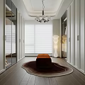 Elegant Modern Walk-in Closet Design Featuring Glass Cabinets White Blinds Brown Bench And Round Rug