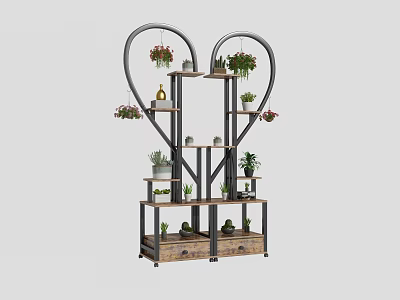 Heart Shaped Metal Garden Shelf With Multiple Tiers And Potted Plants 3d model