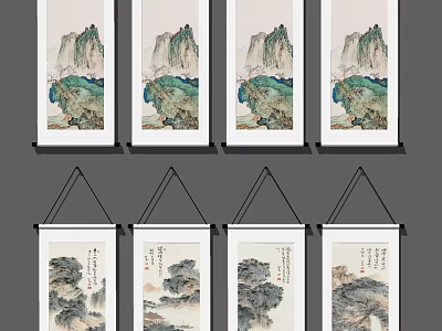 Traditional Chinese Landscape Paintings Scroll Mounted With Mountain River Tree Cloud Elements 3d model