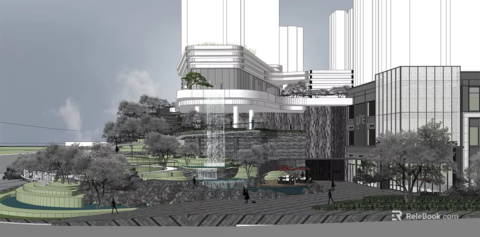 Modern Urban Commercial Complex with Waterfall Feature Green Space and Pedestrian Plaza Area 3d model 