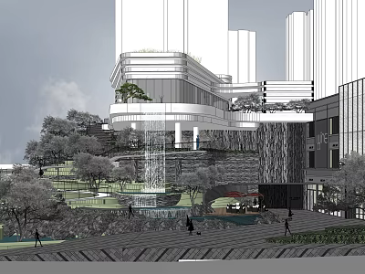 Modern Urban Commercial Complex with Waterfall Feature Green Space and Pedestrian Plaza Area 3d model