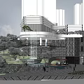 Modern Urban Commercial Complex with Waterfall Feature Green Space and Pedestrian Plaza Area