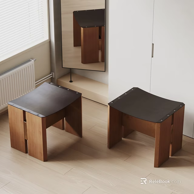 Two Modern Wooden Stools With Black Leather Seats And Brown Legs 3d model 