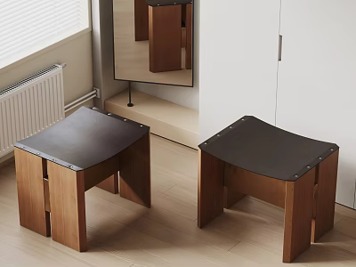 Two Modern Wooden Stools With Black Leather Seats And Brown Legs 3d model