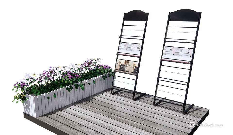 Black Bookshelves With White Planter Purple White Flowers On Wooden Deck 3d model 