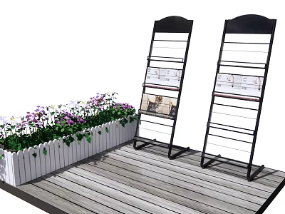 Black Bookshelves With White Planter Purple White Flowers On Wooden Deck 3d model