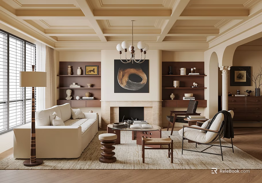 Elegant Warm Living Room Interior With Beige Sofa Fireplace Bookshelves Chandelier And Coffered Ceiling Artwork 3d model 