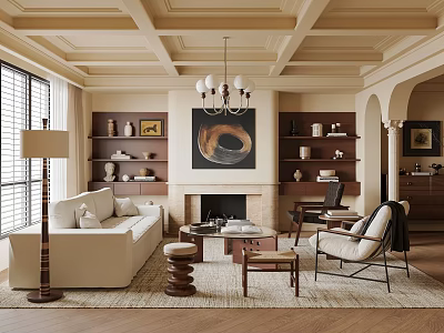 Elegant Warm Living Room Interior With Beige Sofa Fireplace Bookshelves Chandelier And Coffered Ceiling Artwork 3d model