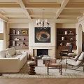 Elegant Warm Living Room Interior With Beige Sofa Fireplace Bookshelves Chandelier And Coffered Ceiling Artwork