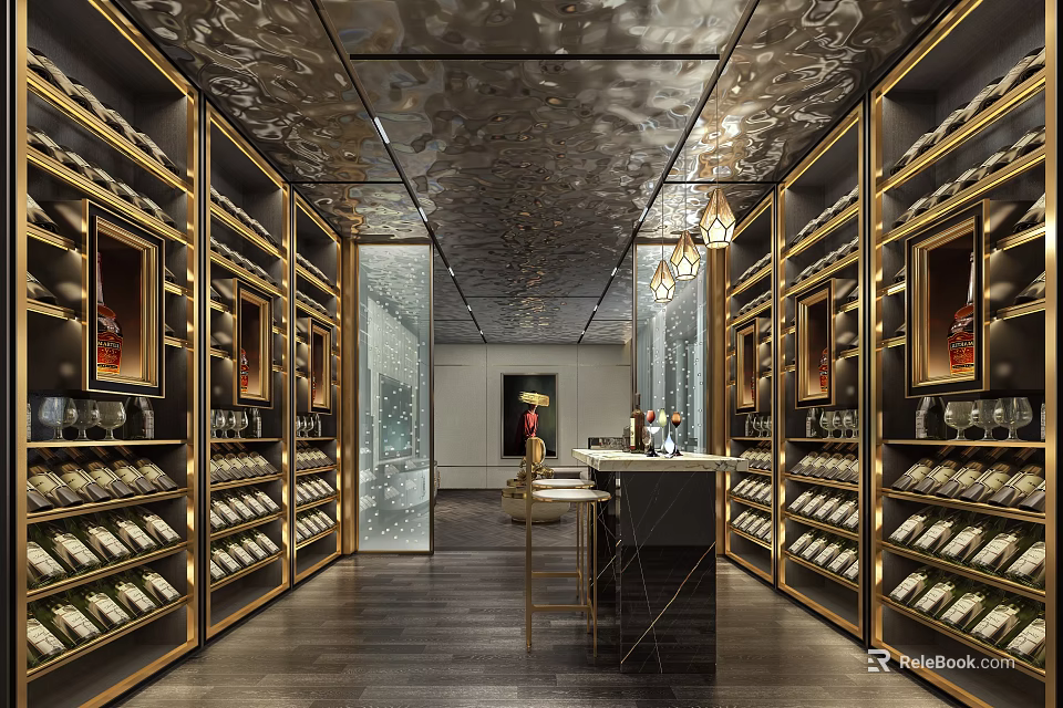 Elegant Luxury Wine Cellar Interior With Gold Metal Frames Wine Racks Bar Counter And Chandeliers 3d model 