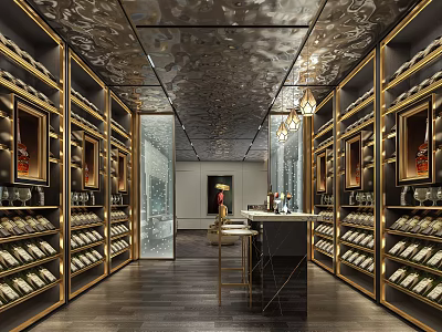 Elegant Luxury Wine Cellar Interior With Gold Metal Frames Wine Racks Bar Counter And Chandeliers 3d model