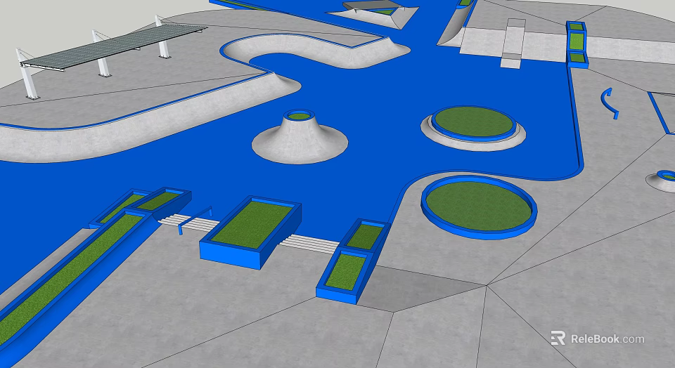 Modern Landscape Design With Blue Water Features Circular Green Spaces And Paved Areas 3d model 