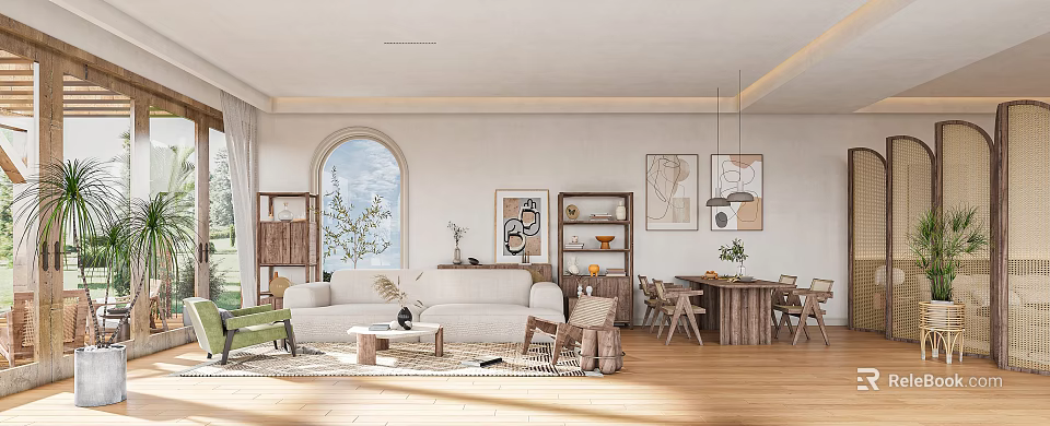 Bright Natural Rustic Living And Dining Room With Elegant Arched Window And Solid Wood Furnishings 3d model 